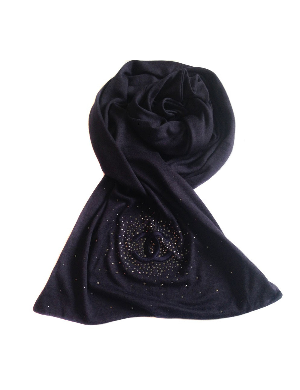Blue CHANEL scarf dark cashmere, silk and Swarovski rhinestones