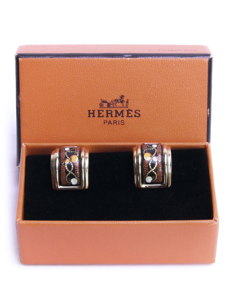 Clips d'oreille HERMES émail noir et orange