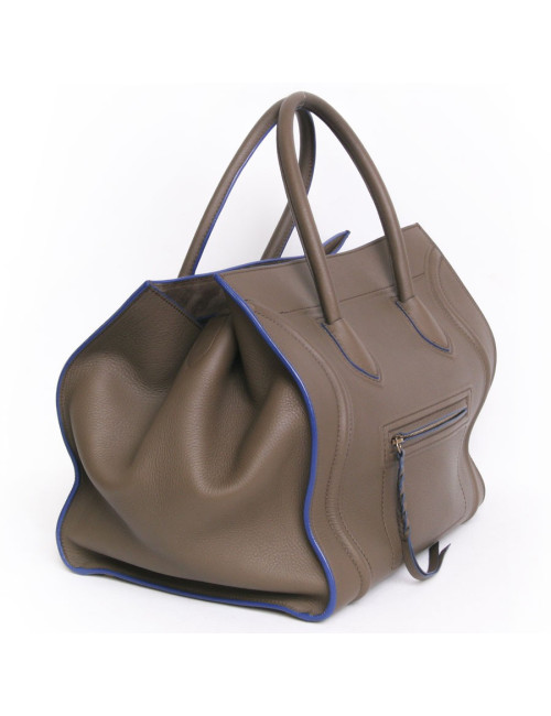 Sac "phantom square" CELINE cuir étoupe et bordures bleues