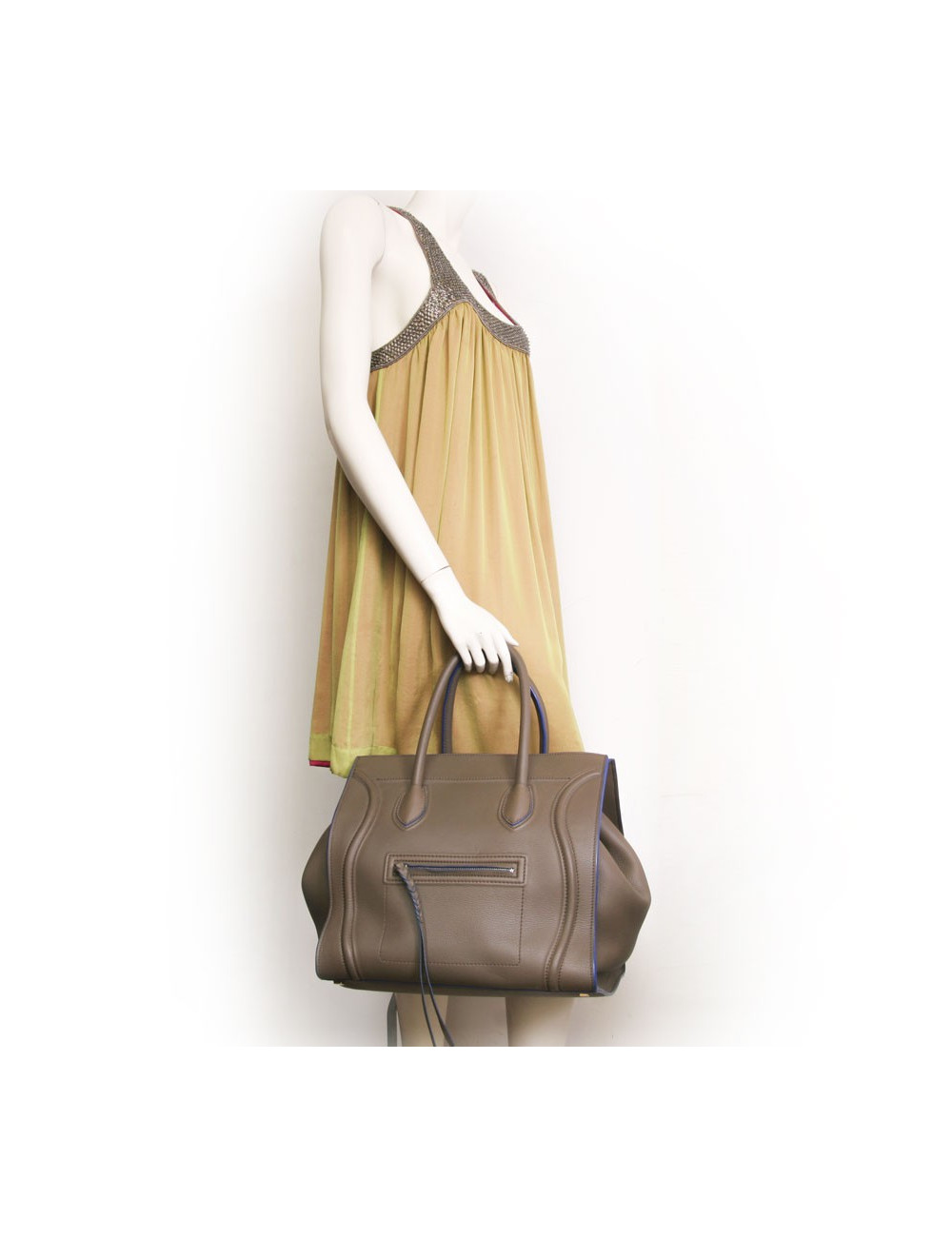 Sac "phantom square" CELINE cuir étoupe et bordures bleues