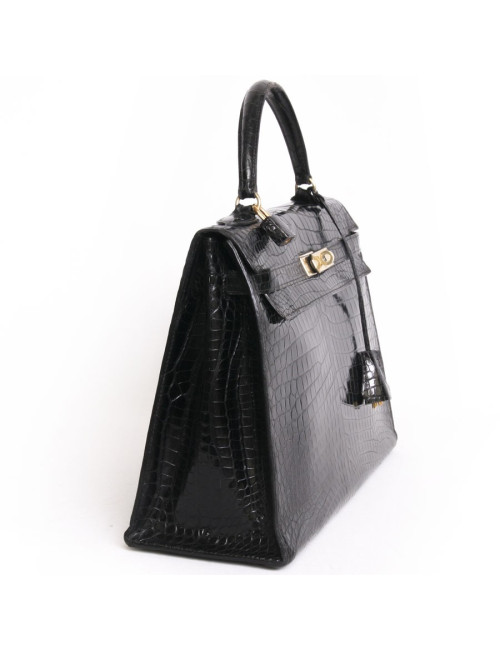 Kelly 32 HERMES leather bag exotic black vintage porosus