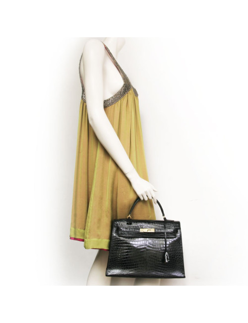 Kelly 32 HERMES leather bag exotic black vintage porosus