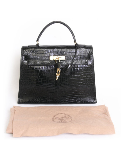 Kelly 32 HERMES leather bag exotic black vintage porosus