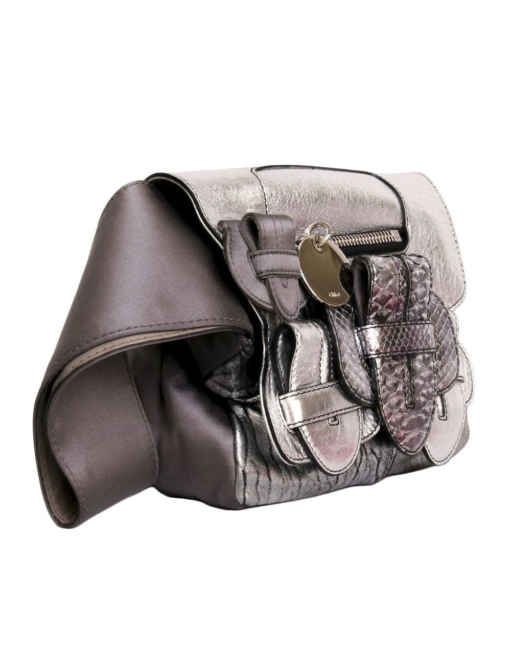 mini sac à main CHLOE argenté en cuir, python  et satin