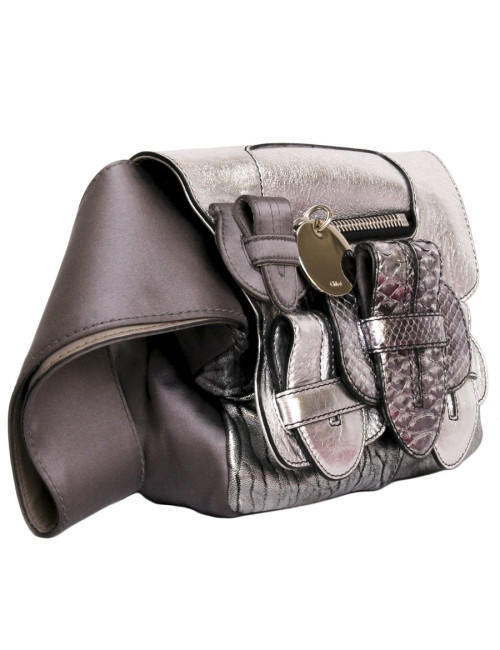 mini sac à main CHLOE argenté en cuir, python  et satin