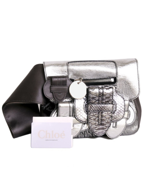 mini sac à main CHLOE argenté en cuir, python  et satin