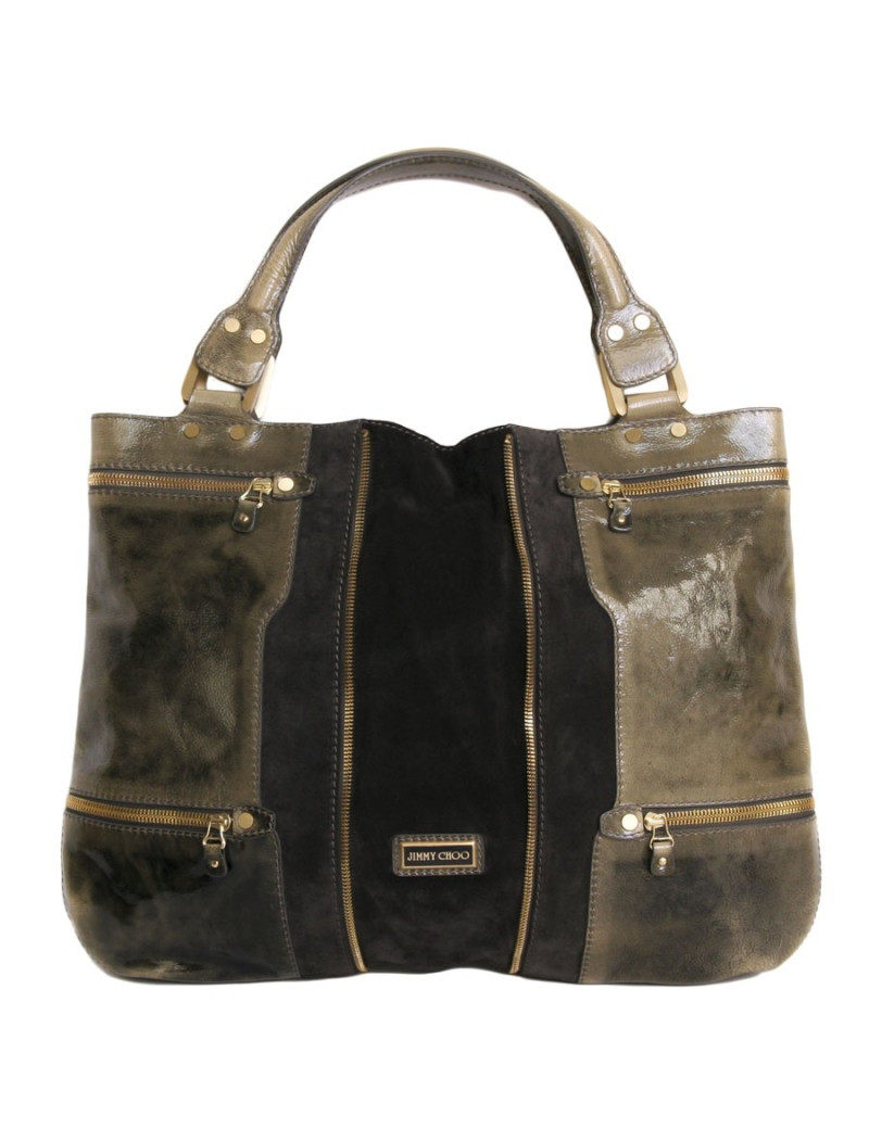 Sac JIMMY CHOO gris foncé  et  vert kaki en cuir verni et veau velours