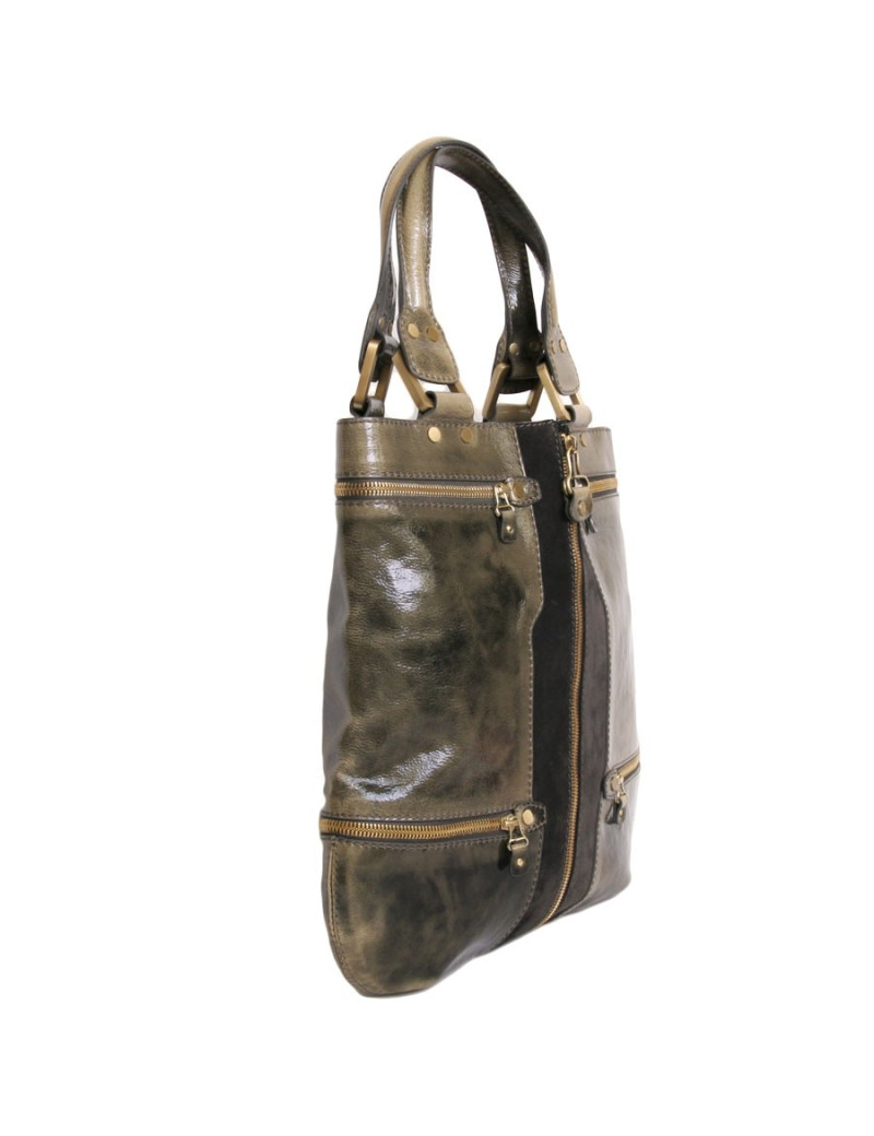 Sac JIMMY CHOO gris foncé  et  vert kaki en cuir verni et veau velours