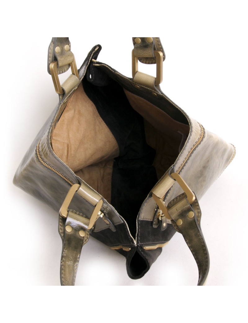 Sac JIMMY CHOO gris foncé  et  vert kaki en cuir verni et veau velours