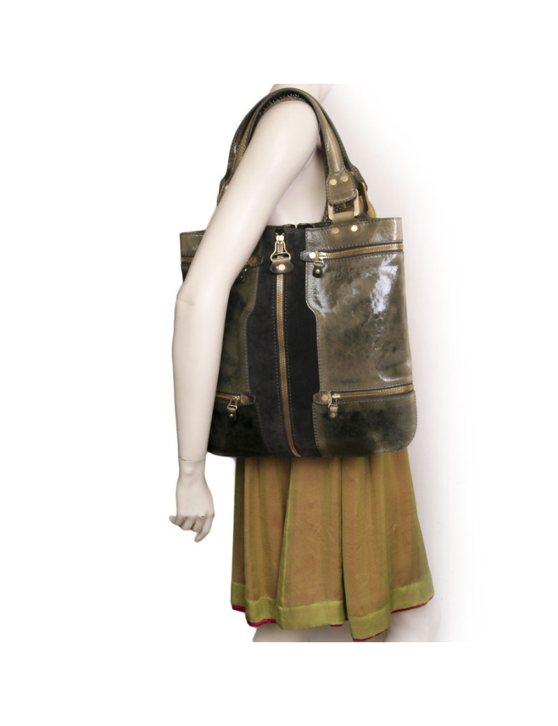 JIMMY CHOO dark gray and Green Khaki bag patent leather and suede
