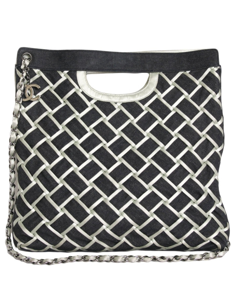 Sac cabas CHANEL en denim bleu et satin duchesse vert d'eau