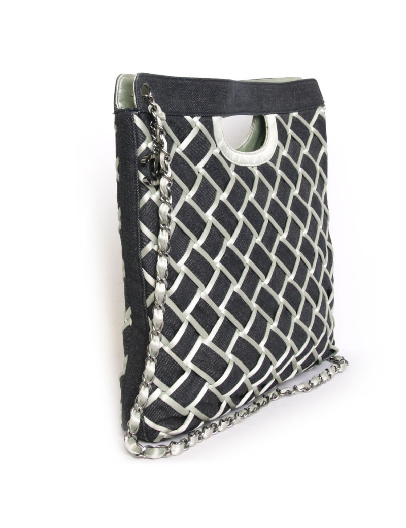 Sac cabas CHANEL en denim bleu et satin duchesse vert d'eau