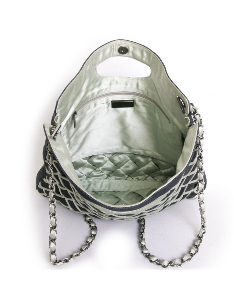 Sac cabas CHANEL en denim bleu et satin duchesse vert d'eau