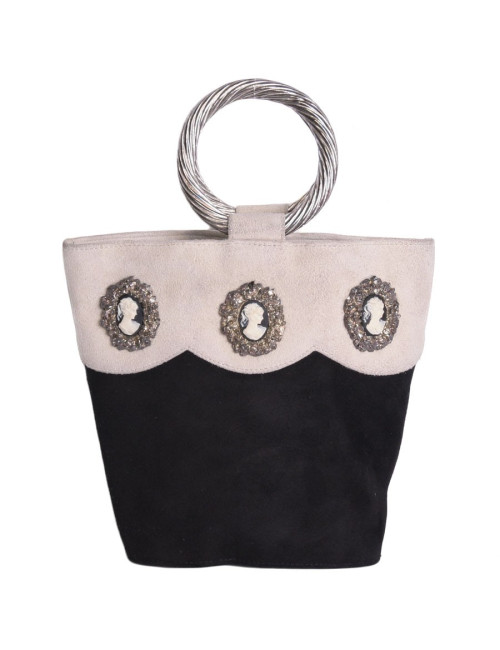 sac seau HERVE MASSON en daim noir et beige vintage