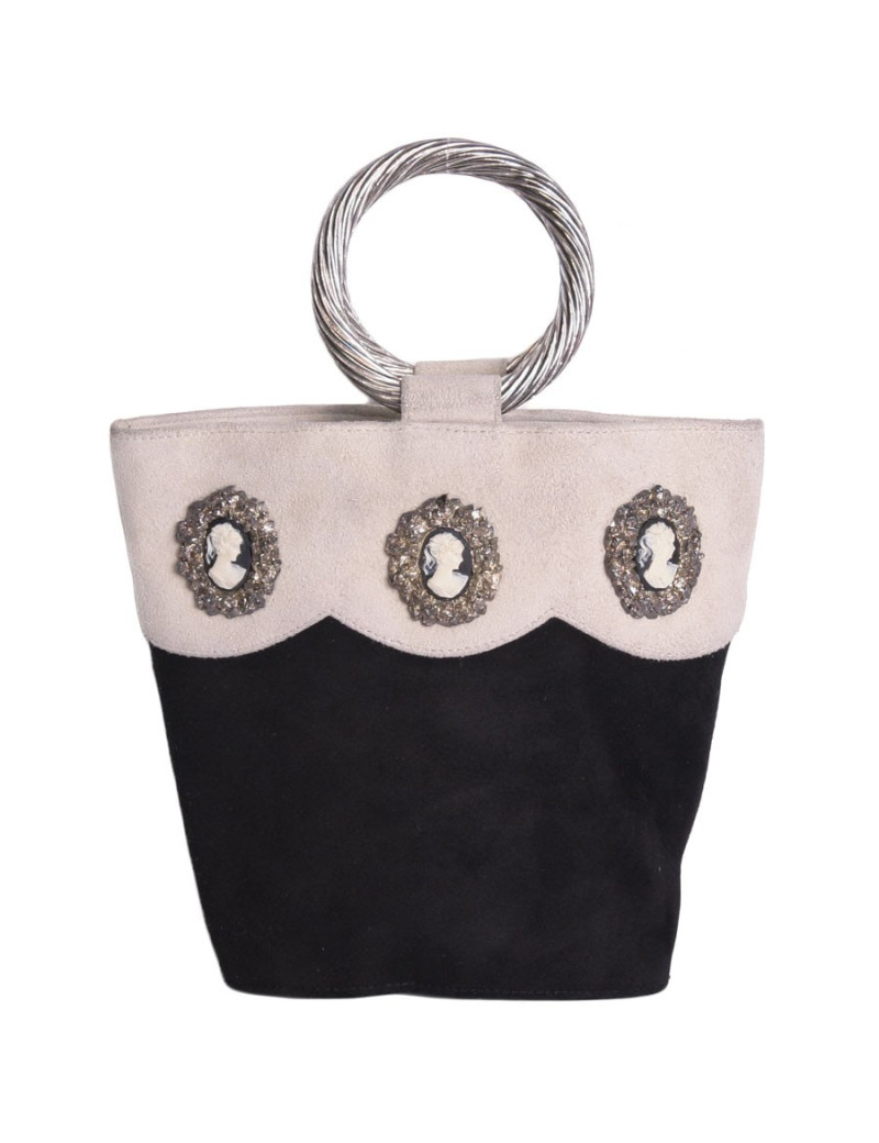 sac seau HERVE MASSON en daim noir et beige vintage