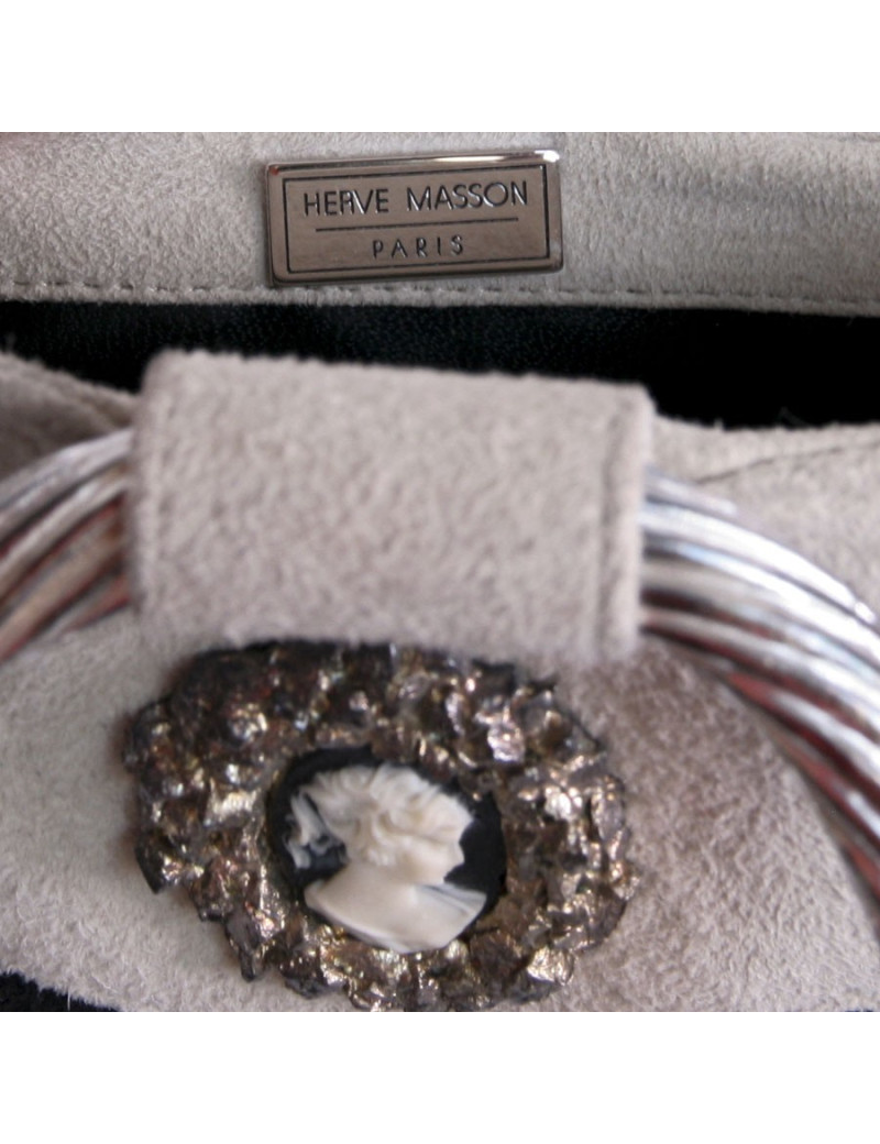 sac seau HERVE MASSON en daim noir et beige vintage