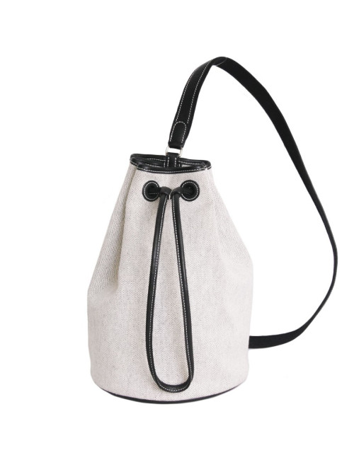 sac seau HERMES en toile blanche et cuir noir