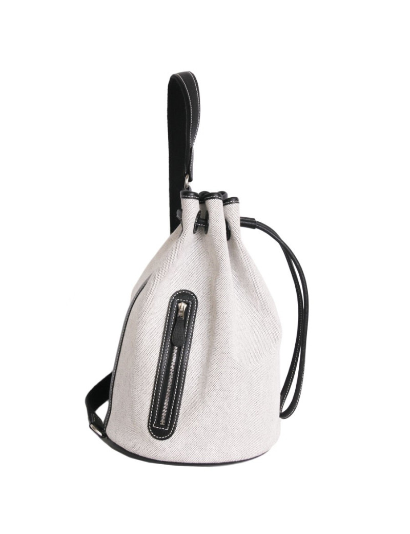 sac seau HERMES en toile blanche et cuir noir