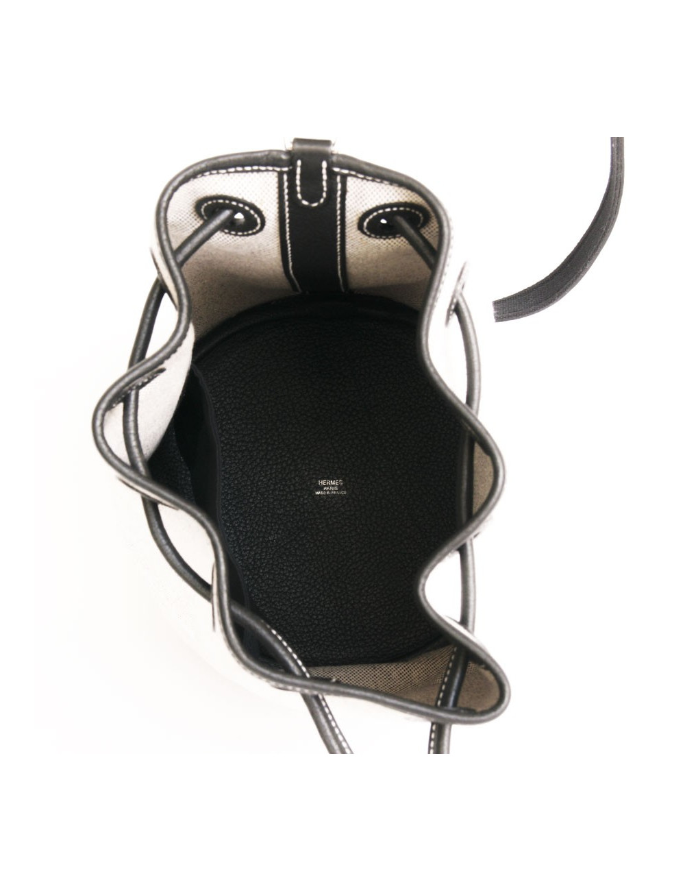 sac seau HERMES en toile blanche et cuir noir