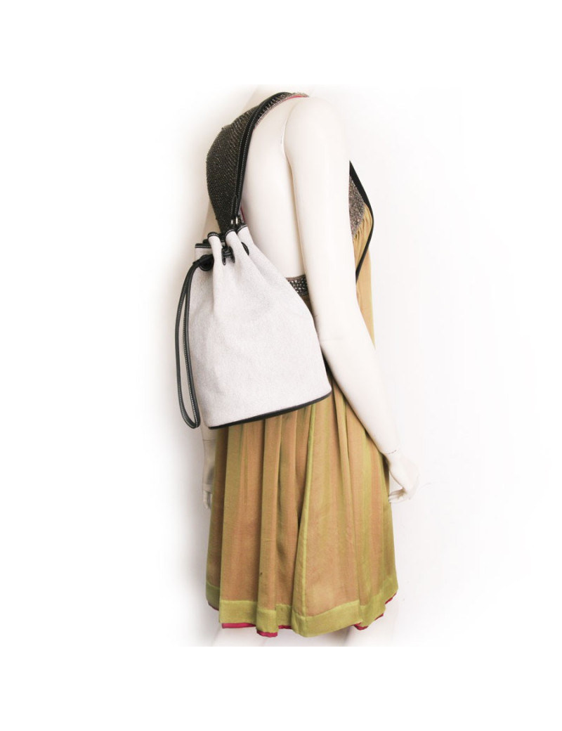 sac seau HERMES en toile blanche et cuir noir
