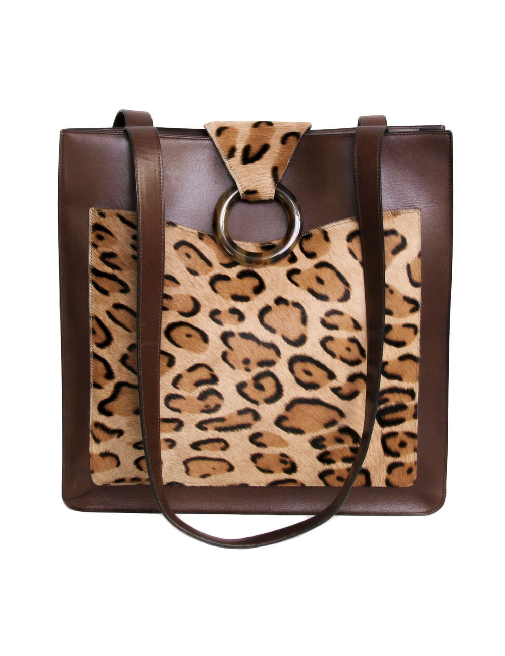 CHRISTIAN DIOR bag in brown box leather and leopard pattern skin