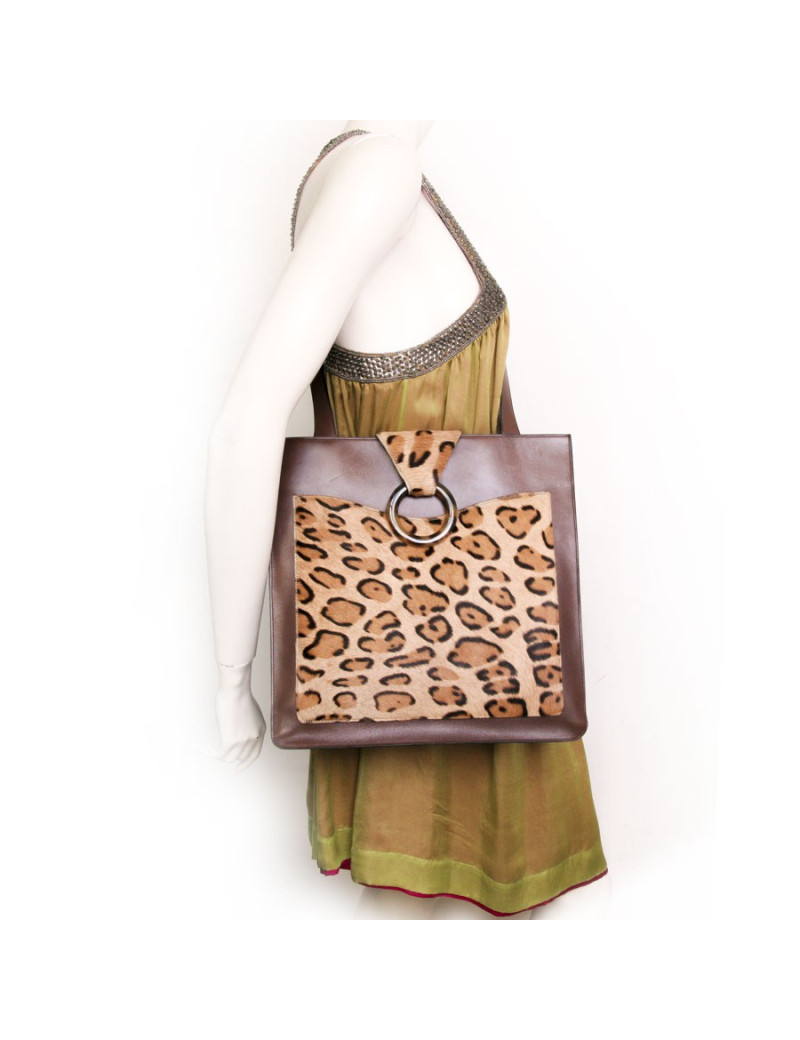 CHRISTIAN DIOR bag in brown box leather and leopard pattern skin