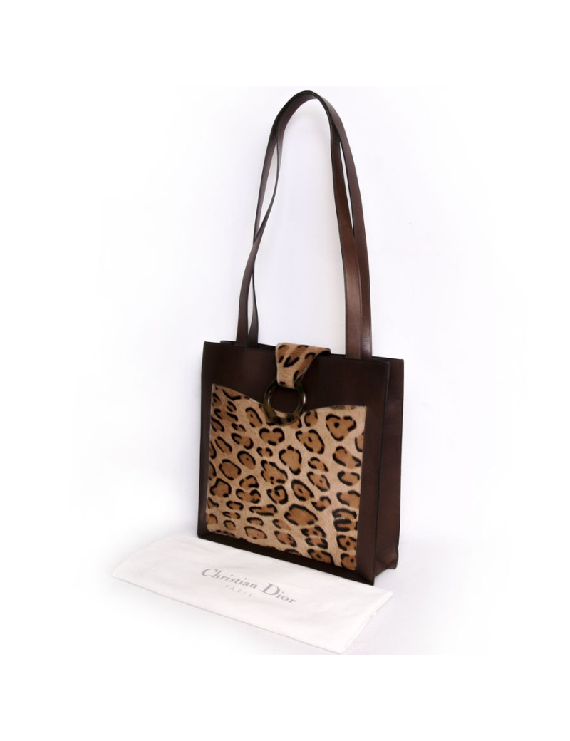 CHRISTIAN DIOR bag in brown box leather and leopard pattern skin