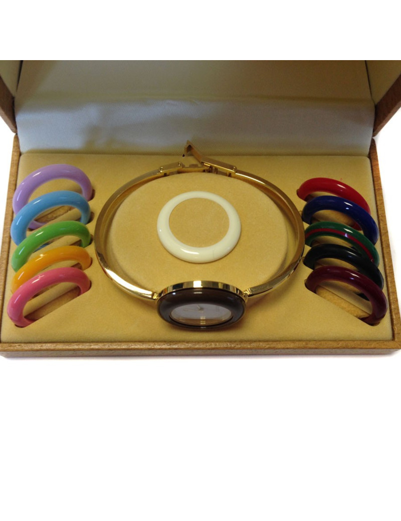 montre GUCCI "timepieces" bracelet doré cadran modifiable plastifié