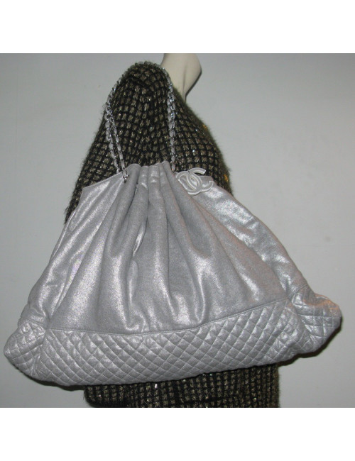 Big shiny gray fabric bag CHANEL