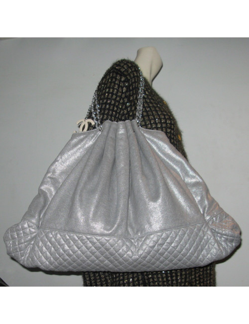 Big shiny gray fabric bag CHANEL