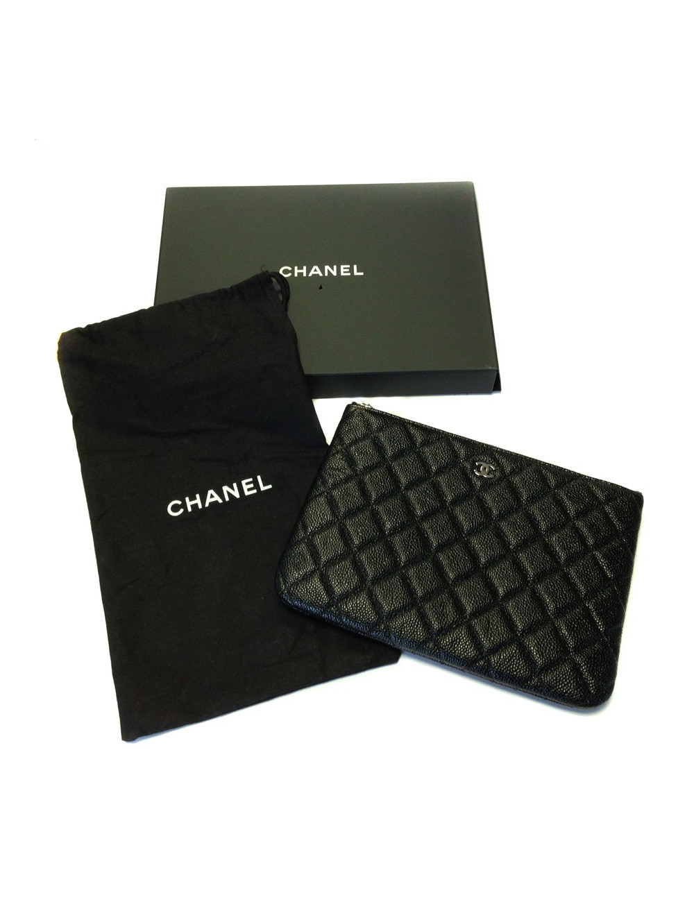 CHANEL wallet zip black quilted caviar leather