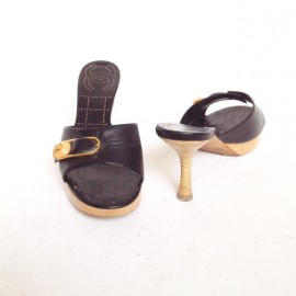 CHANEL clogs T 39.5 black leather and light wood