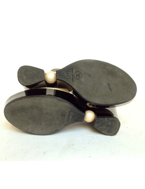 Sandales à plateforme CHANEL taille 40 bicolores en cuir verni noir et croco blanc