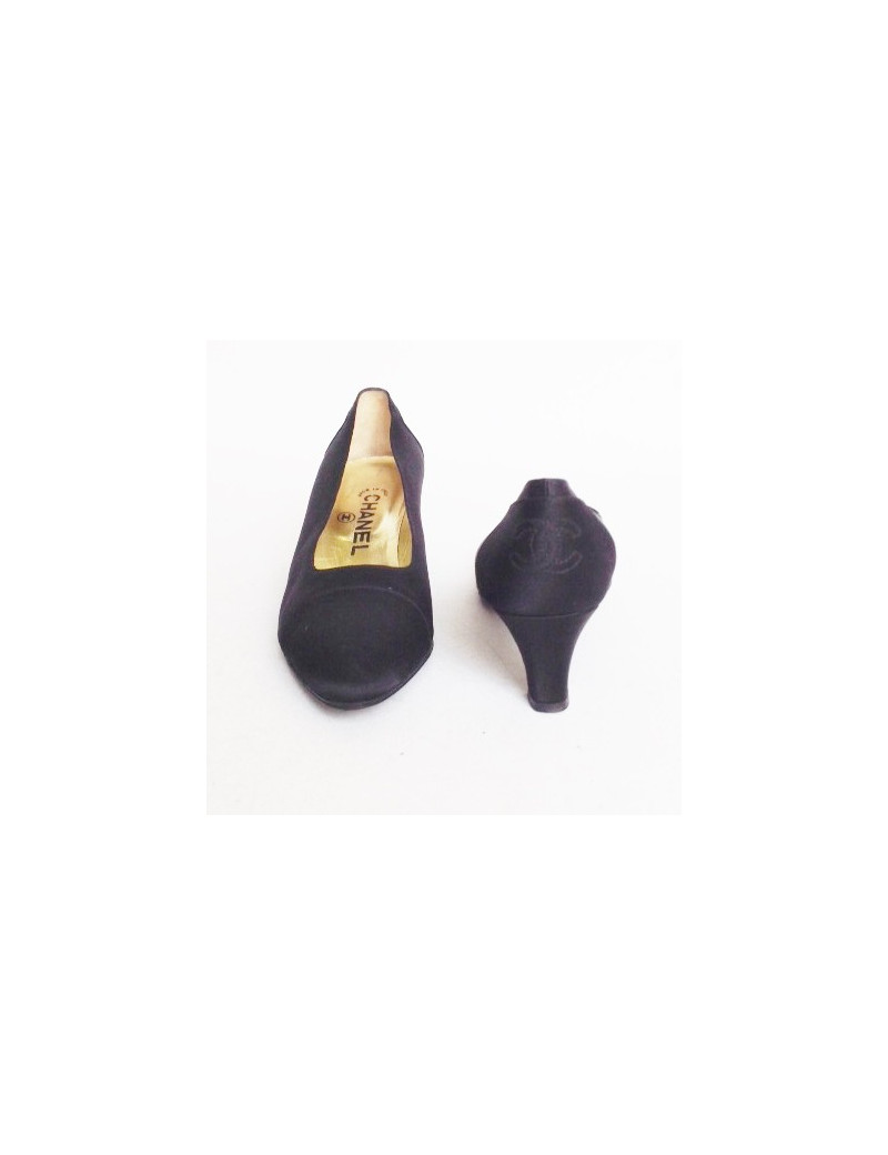 Escarpins couture CHANEL T37.5 en satin duchesse  noirs