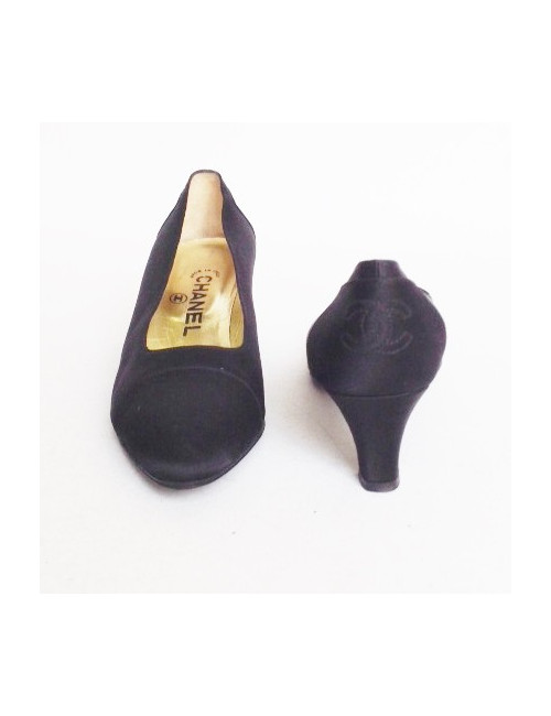 Escarpins couture CHANEL T37.5 en satin de chaine  noirs