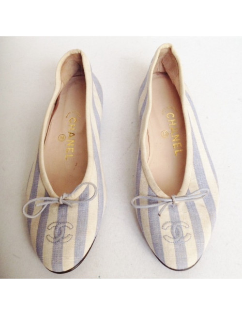 Ballerines CHANEL t. 38  bicolore en toile rayées blanc et bleu clair