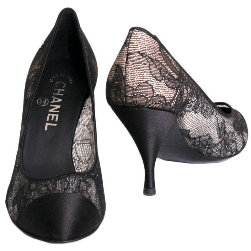 Chanel T shoes  black silk satin and lace - VALOIS VINTAGE PARIS