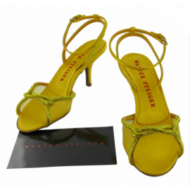 Sandals high Walter Steiger T36 yellow satin & rhinestone Emerald