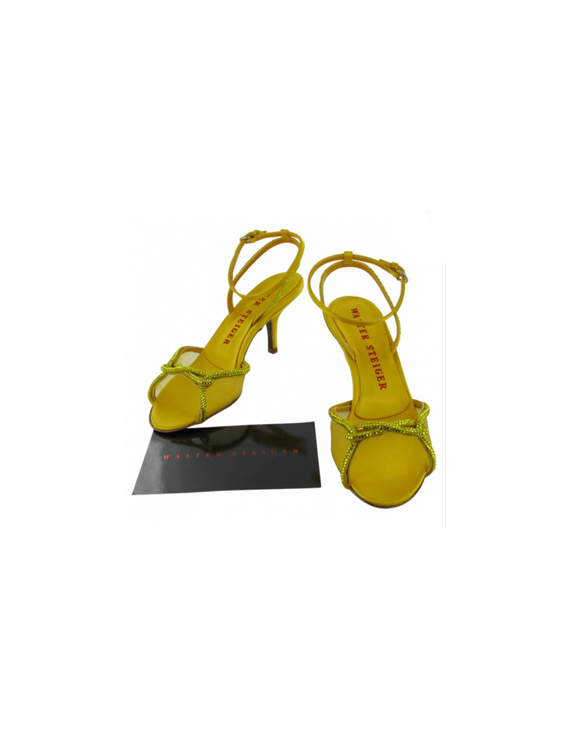 Escarpins Walter Steiger T36 satin jaune & strass émeraude