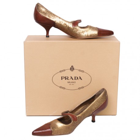 PRADA T 36 leather and gold sequins shoes