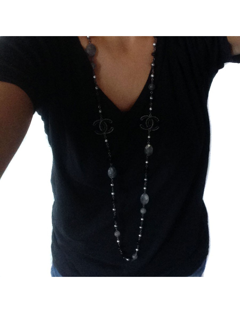 Necklace CHANEL ruthenium, steel pearls and smoked