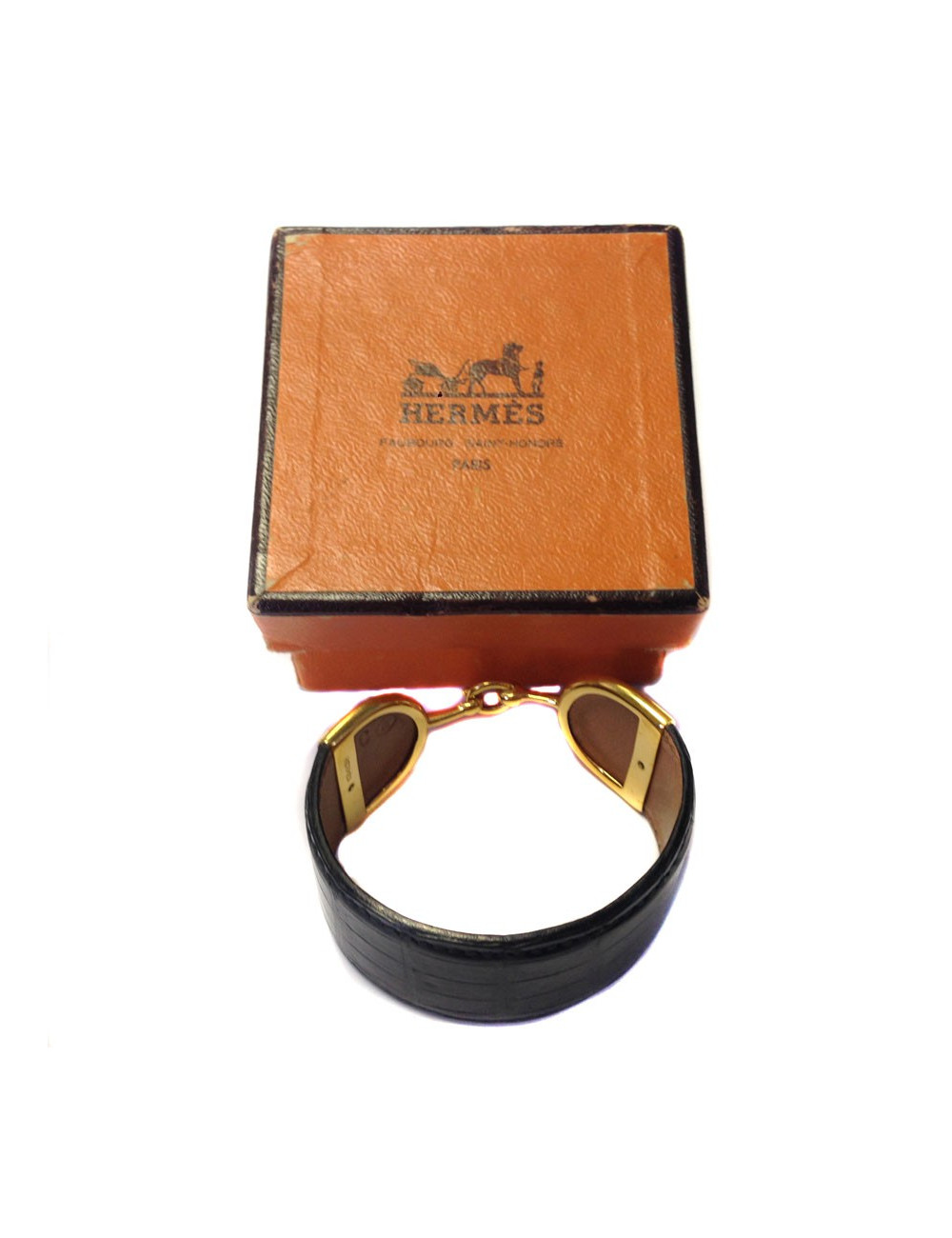 Bracelet HERMES Mors doré en crocodile noir