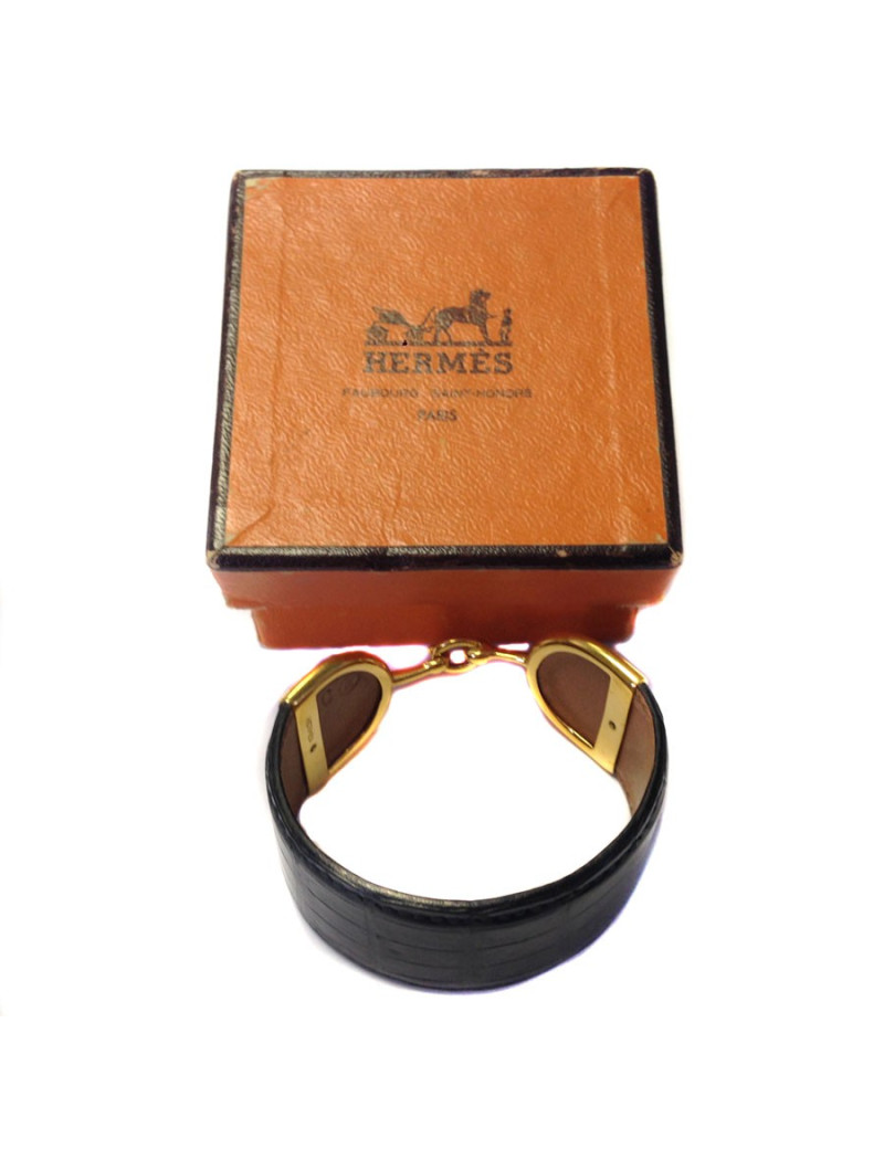 Bracelet HERMES Mors doré en crocodile noir