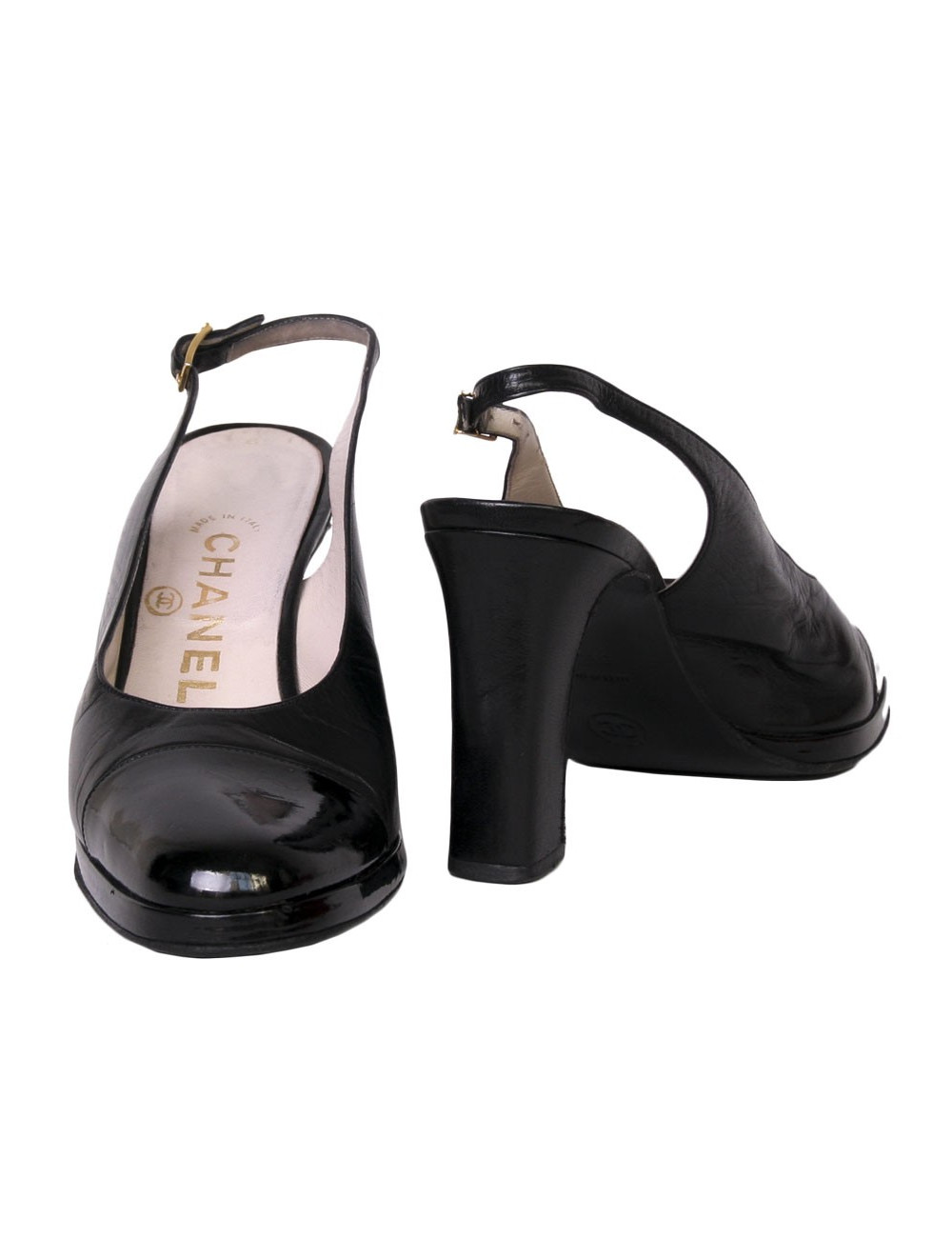 Sandales ouvertes hautes CHANEL cuir noir et cuir verni noir