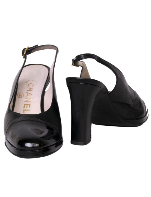 Sandales ouvertes hautes CHANEL cuir noir et cuir verni noir