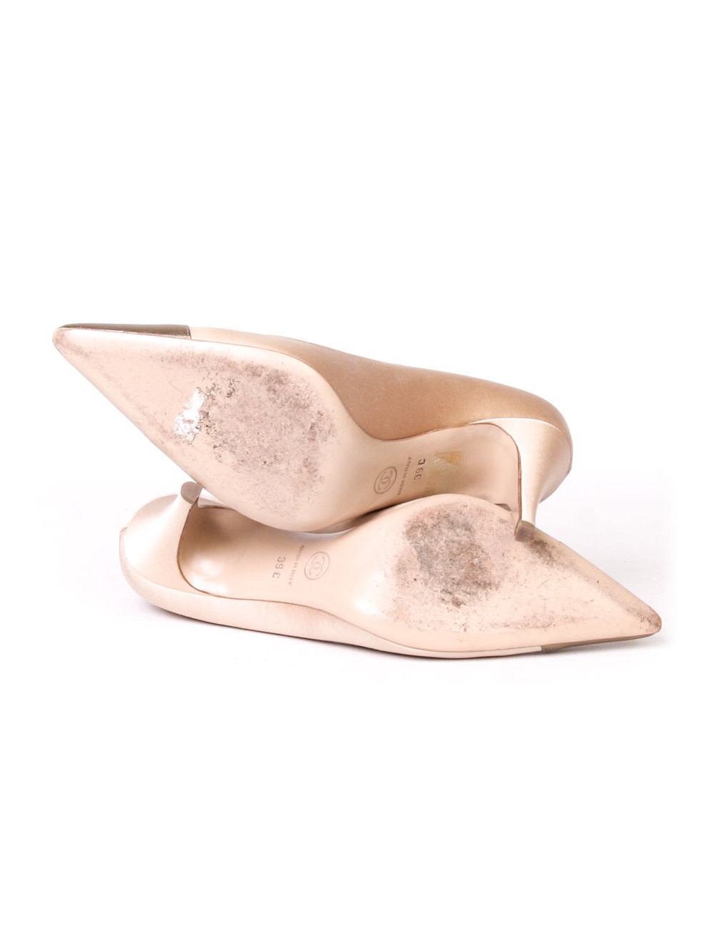 Escarpins couture CHANEL satin vieux rose et cuir bronze