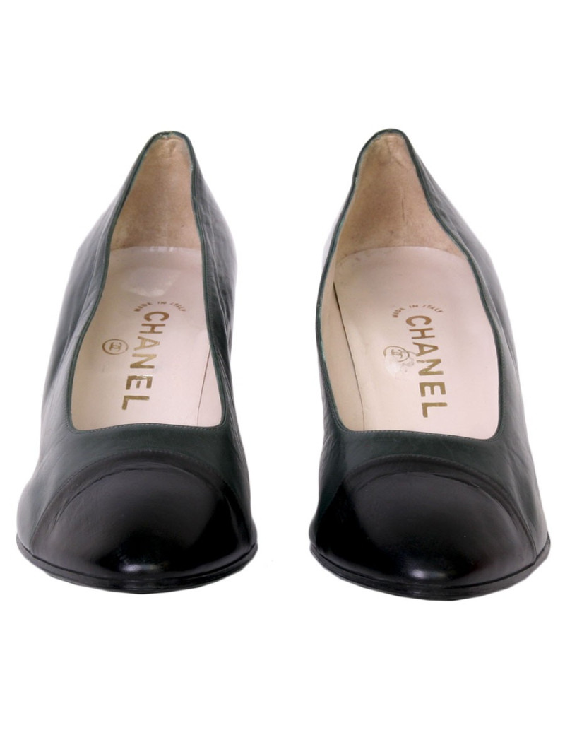 Escarpins CHANEL T38 cuir bicolore vert et noir