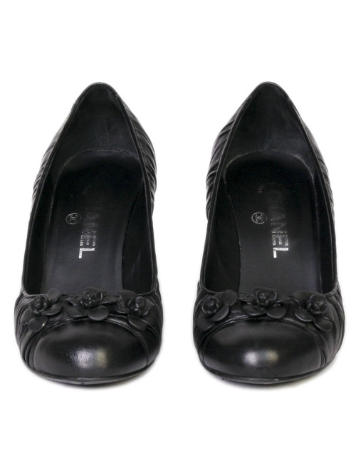 CHANEL shoes 38.5 T black lambskin with camellias