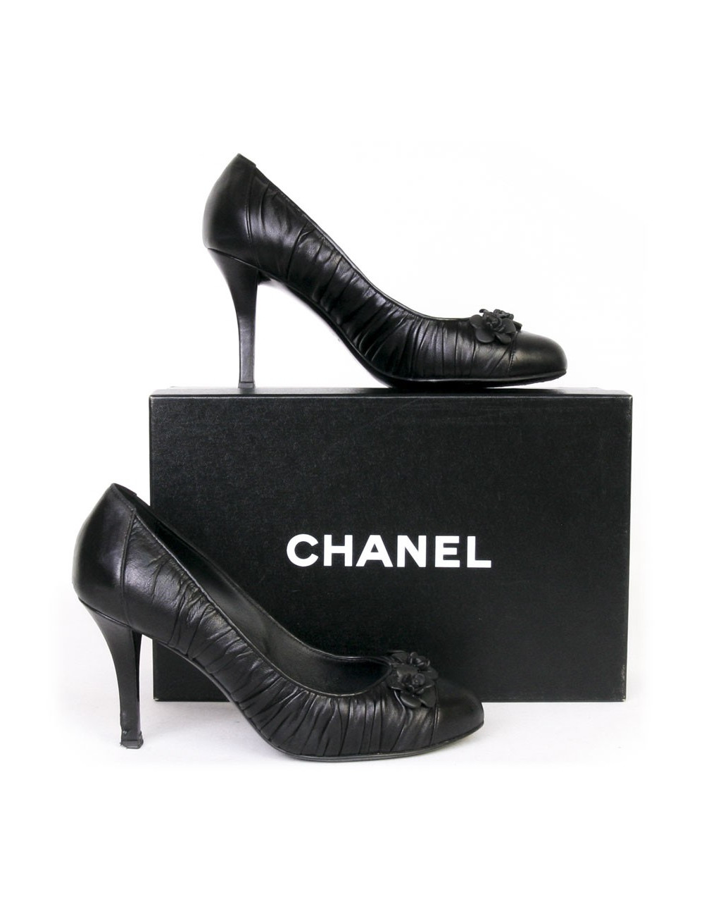 CHANEL shoes 38.5 T black lambskin with camellias