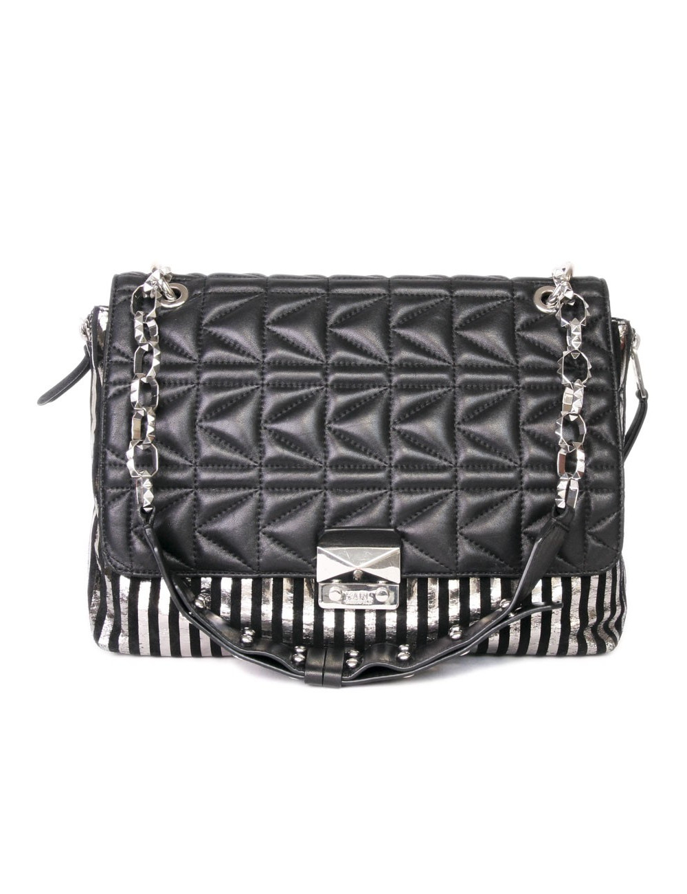 Sac à rabat KARL LAGERFELD cuir noir bandes argentées